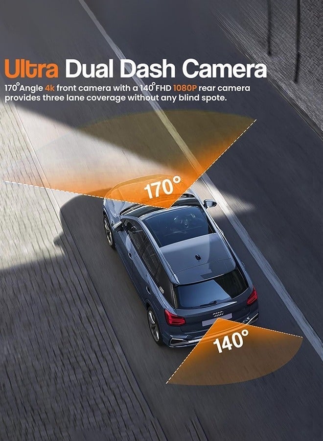 ديقيساند كاميرا داش فائقة الوضوح بدقة 4K للسيارة - كاميرا أمامية وخلفية بعدسة مزدوجة - شاشة IPS مقاس 3.2 بوصة - مزودة ببطاقة ذاكرة سعة 128 جيجابايت، ونظام تحديد المواقع العالمي (GPS) مدمج، وواي فاي، ورؤية ليلية، وتسجيل متواصل، ومسجل فيديو بتقنية النطاق الديناميكي الواسع (WDR). - Image 5